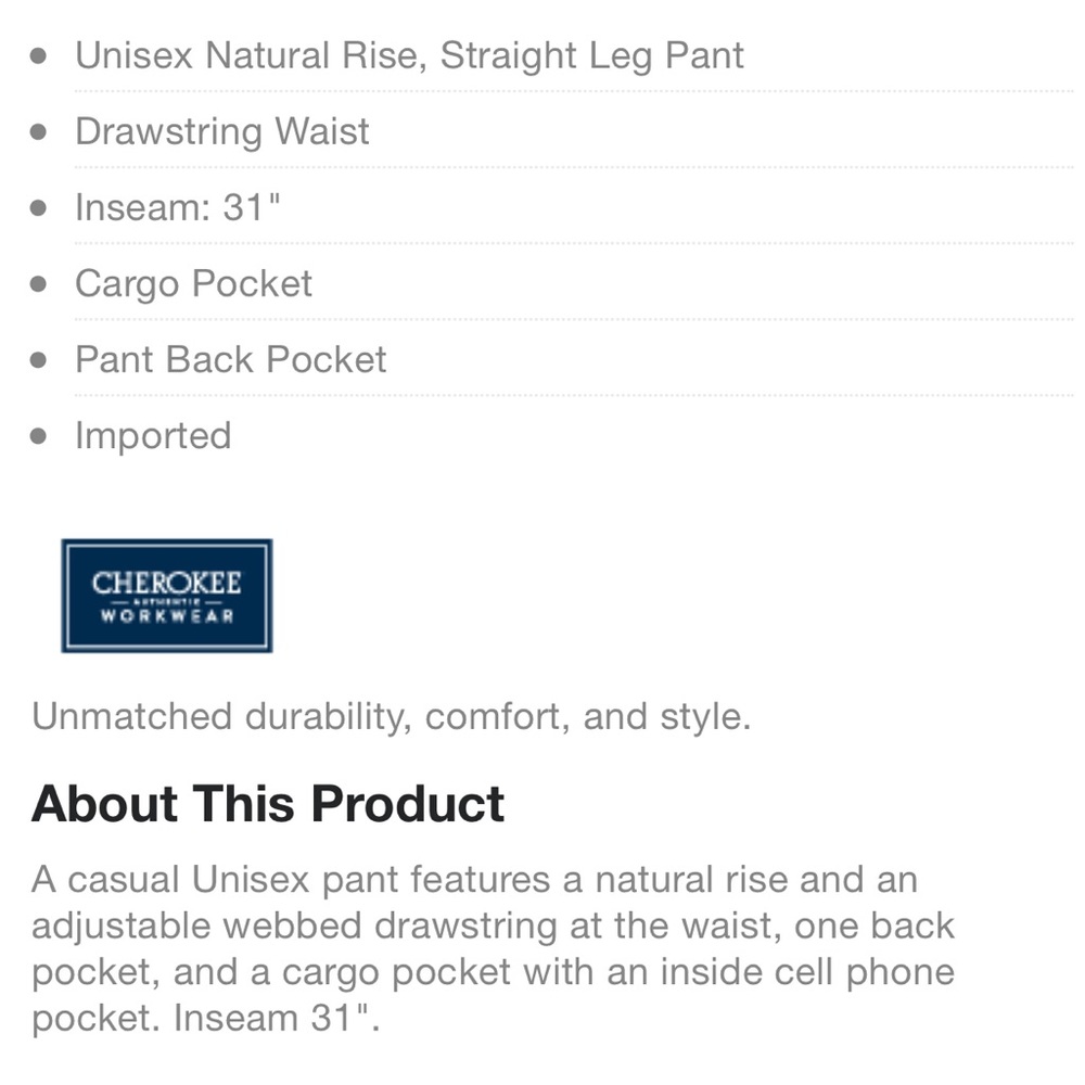 Cherokee Unisex Drawstring Cargo Pants - Picture 4 of 4